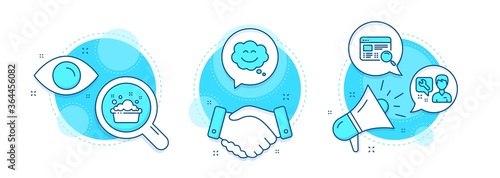 Hand washing, Website search and Repairman line icons set. Handshake deal, research and promotion complex icons. Smile chat sign. Laundry basin, Find internet, Repair service. Happy face. Vector