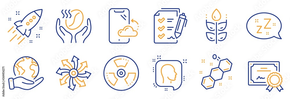 Fototapeta premium Set of Business icons, such as Coffee, Smartphone cloud. Certificate, save planet. Versatile, Gluten free, Survey checklist. Startup rocket, Sleep, Chemical formula. Vector