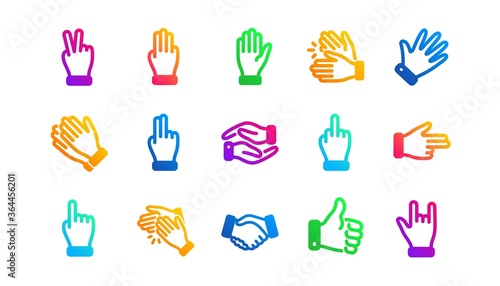 Handshake, Clapping hands, Victory. Hand gestures icons. Horns, Thumb up finger, drag and drop icons. Donation hand gestures, middle finger, helping hand. Classic set. Gradient patterns. Vector