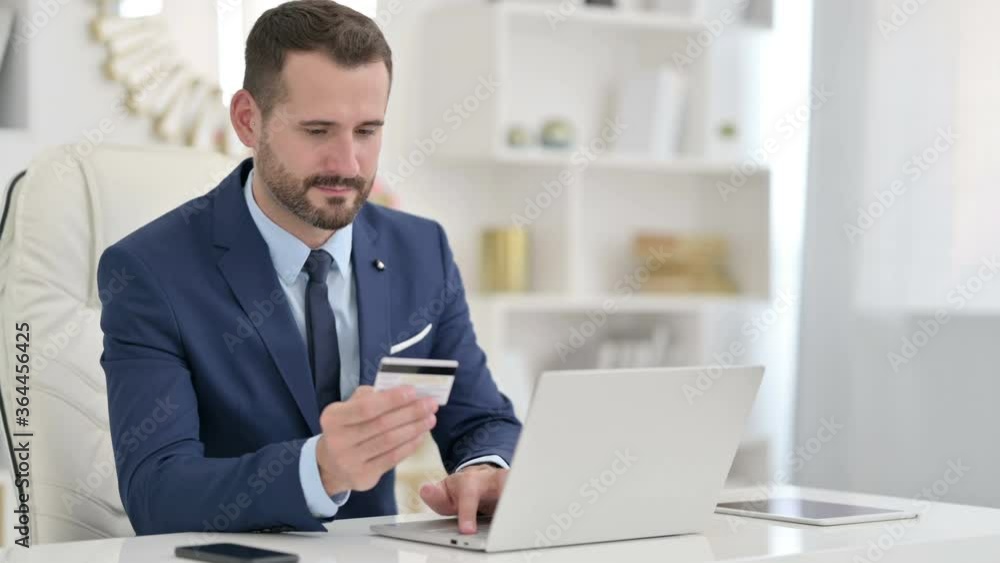 Businessman Making Successful Online Payment at Work Businessman Making Successful Online Payment at Work