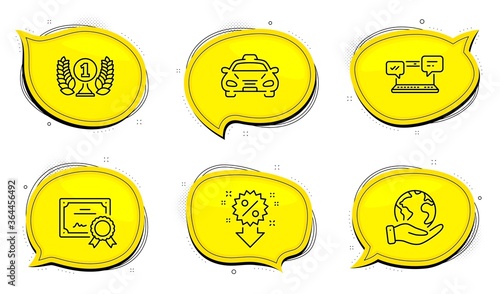 Laureate award sign. Diploma certificate, save planet chat bubbles. Discount, Taxi and Internet chat line icons set. Sale shopping, Public transportation, Online communication. Prize. Vector