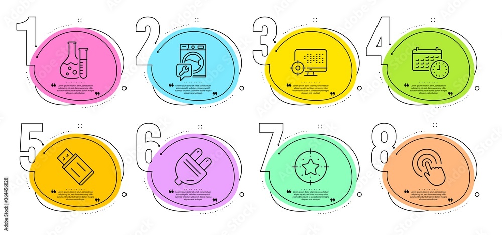 Washing machine, Chemistry lab and Calendar signs. Timeline steps infographic. Star target, Seo and Click line icons set. Electric plug, Usb flash symbols. Winner award, Search engine. Vector Washing machine, Chemistry lab and Calendar signs. Timeline steps infographic. Star target, Seo and Click line icons set. Electric plug, Usb flash symbols. Winner award, Search engine. Vector