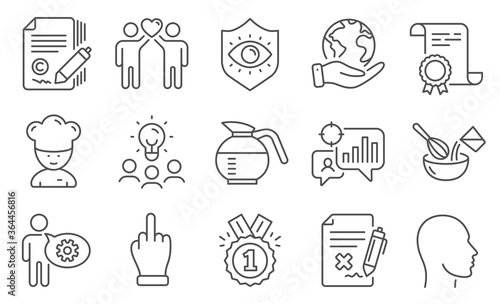 Set of Business icons, such as Coffeepot, Seo statistics. Diploma, ideas, save planet. Friends couple, Approved, Cogwheel. Cooking chef, Copywriting, Reject file. Vector