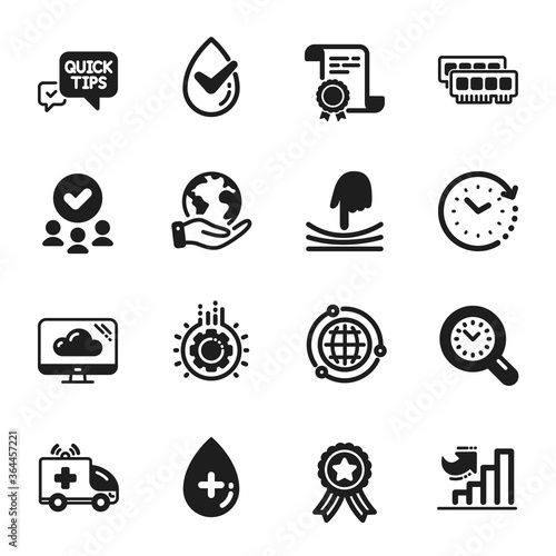 Set of Science icons, such as Gear, Dermatologically tested. Certificate, approved group, save planet. Ambulance car, Globe, Cloud storage. Ram, Time management, Oil serum. Vector