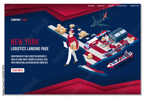 Modern isometric concept of New York Logistics Landing page with Global Logistics, Warehouse, Sea Freight. 
Easy to edit and customize. Vector illustration