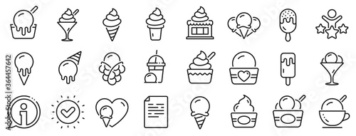 Vanilla sundae, frozen yogurt, bubble waffle. Ice cream line icons. Sweet dessert food, milkshake with ice cream, sundae icons. Smoothie drink, frozen coffee, sorbet wafer. Vector