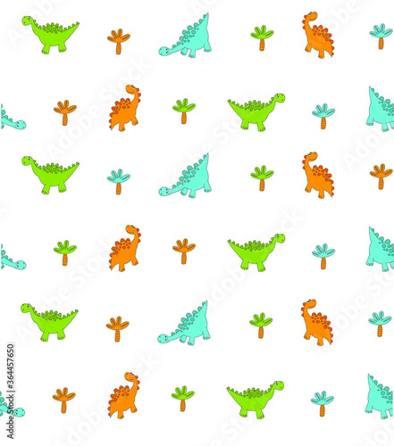 Vector pattern with cartoon dinosaurs. Colored dinosaurs on a white background. Seamless pattern. 