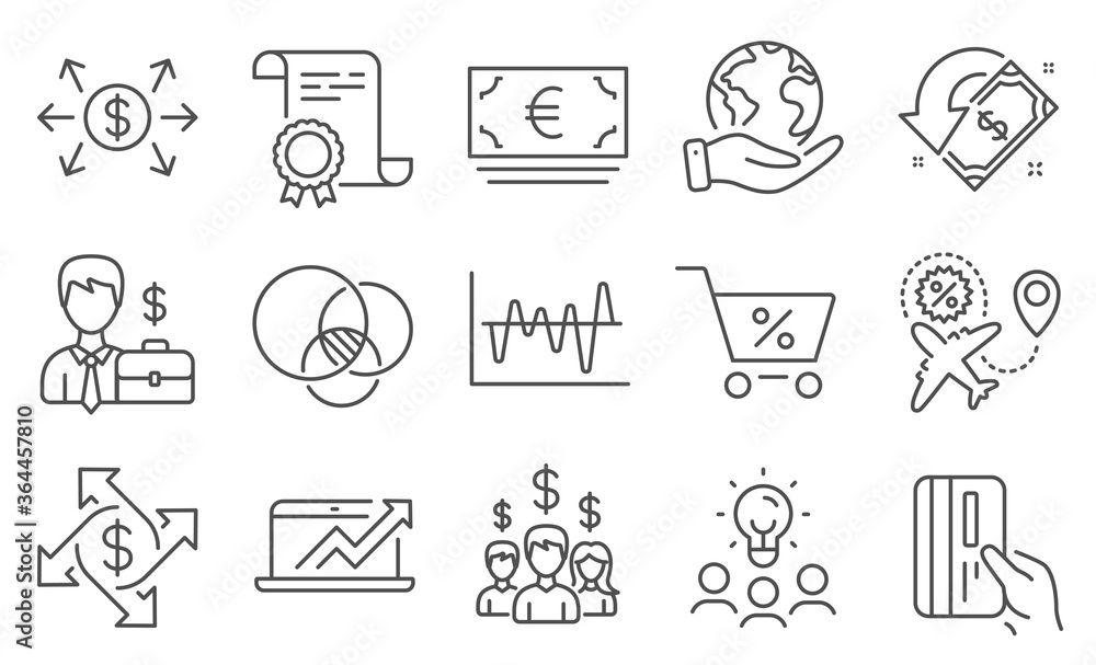 Set of Finance icons, such as Dollar exchange, Euro currency. Diploma, ideas, save planet. Euler diagram, Cashback, Payment card. Businessman case, Special offer, Stock analysis. Vector Set of Finance icons, such as Dollar exchange, Euro currency. Diploma, ideas, save planet. Euler diagram, Cashback, Payment card. Businessman case, Special offer, Stock analysis. Vector