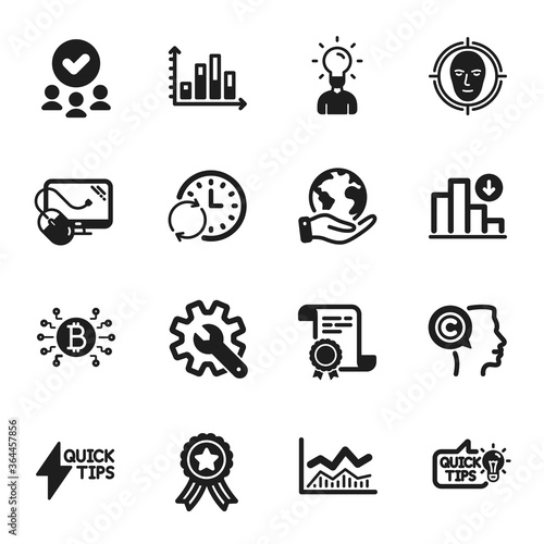 Set of Science icons, such as Face detect, Decreasing graph. Certificate, approved group, save planet. Writer, Update time, Trade infochart. Computer mouse, Education idea, Diagram graph. Vector