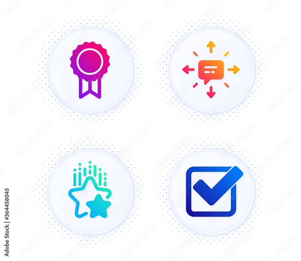 Sms, Reward and Ranking stars icons simple set. Button with halftone dots. Checkbox sign. Conversation, Best medal, Winner award. Approved tick. Education set. Gradient flat sms icon. Vector