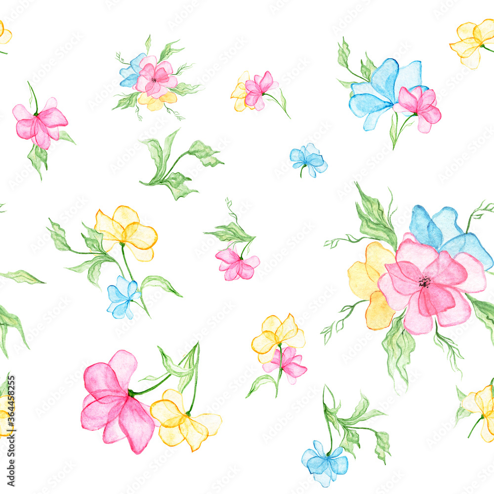 Multicolored pattern with watercolor flowers and leaves.