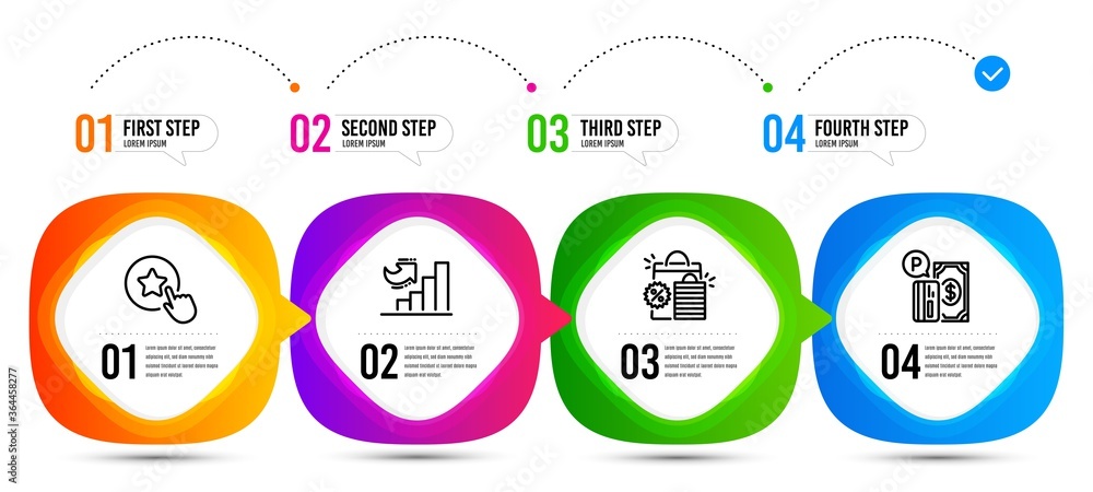 Growth chart, Parking payment and Loyalty star line icons set. Timeline steps. Shopping bags sign. Diagram graph, Paid garage, Bonus reward. Sale discount. Finance set. Vector Growth chart, Parking payment and Loyalty star line icons set. Timeline steps. Shopping bags sign. Diagram graph, Paid garage, Bonus reward. Sale discount. Finance set. Vector