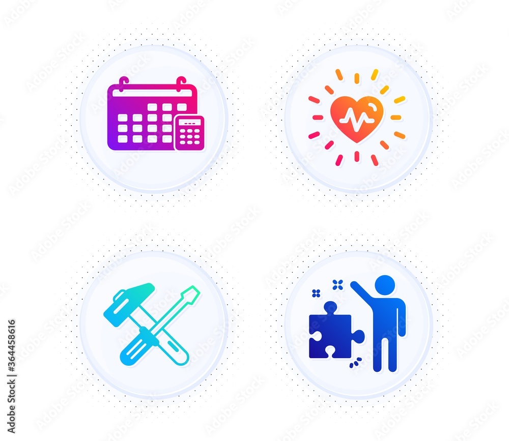 Heartbeat, Hammer tool and Calendar icons simple set. Button with halftone dots. Strategy sign. Medical heart, Repair screwdriver, Calculator device. Business plan. Business set. Vector
