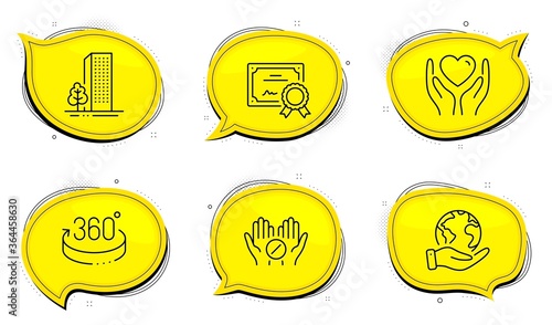 Medical tablet sign. Diploma certificate, save planet chat bubbles. Hold heart, Buildings and 360 degrees line icons set. Friendship, City architecture, Full rotation. Medicine pill. Vector