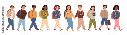 A group of kids walking together with backpacks. Collection of children, pupils, students going to elementary middle school. Kids walking isolated on white background. Flat cartoon style illustration