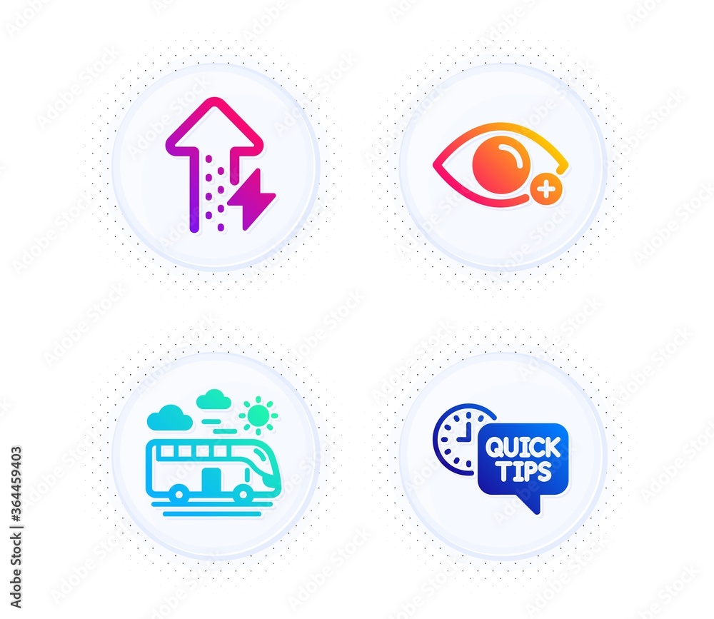 Farsightedness, Bus travel and Energy growing icons simple set. Button with halftone dots. Quick tips sign. Eye vision, Transport, Power usage. Helpful tricks. Business set. Vector Farsightedness, Bus travel and Energy growing icons simple set. Button with halftone dots. Quick tips sign. Eye vision, Transport, Power usage. Helpful tricks. Business set. Vector