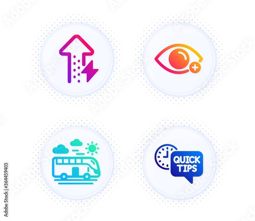 Farsightedness, Bus travel and Energy growing icons simple set. Button with halftone dots. Quick tips sign. Eye vision, Transport, Power usage. Helpful tricks. Business set. Vector