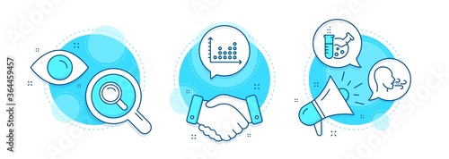 Chemistry lab, Search and Dot plot line icons set. Handshake deal, research and promotion complex icons. Breathing exercise sign. Laboratory, Magnifying glass, Presentation graph. Breath. Vector