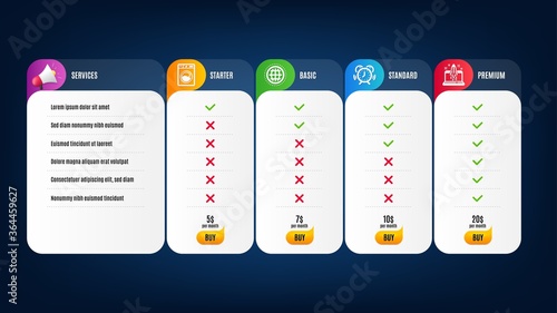 Globe, Time management and Start business icons simple set. Price list, pricing table. Washing machine sign. Internet world, Alarm clock, Launch idea. Laundry. Technology set. Vector