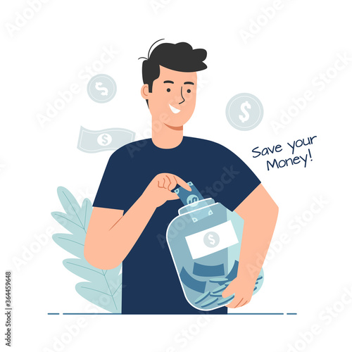 Money saving concept. Man putting money into money jar