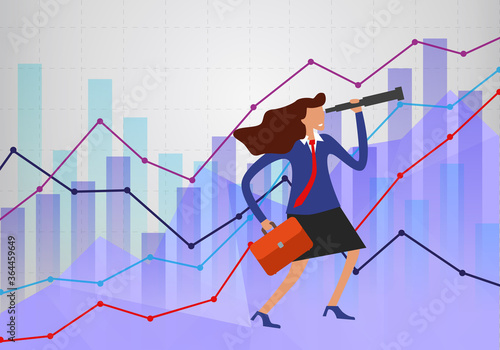 effective manager looks into telescope into distance trying to predict future. businesswoman on background of different schedules. Female business vision concept.