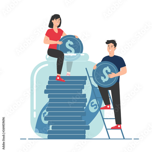 Happy couple saving their money into money jar. Finance, savings and investment concept