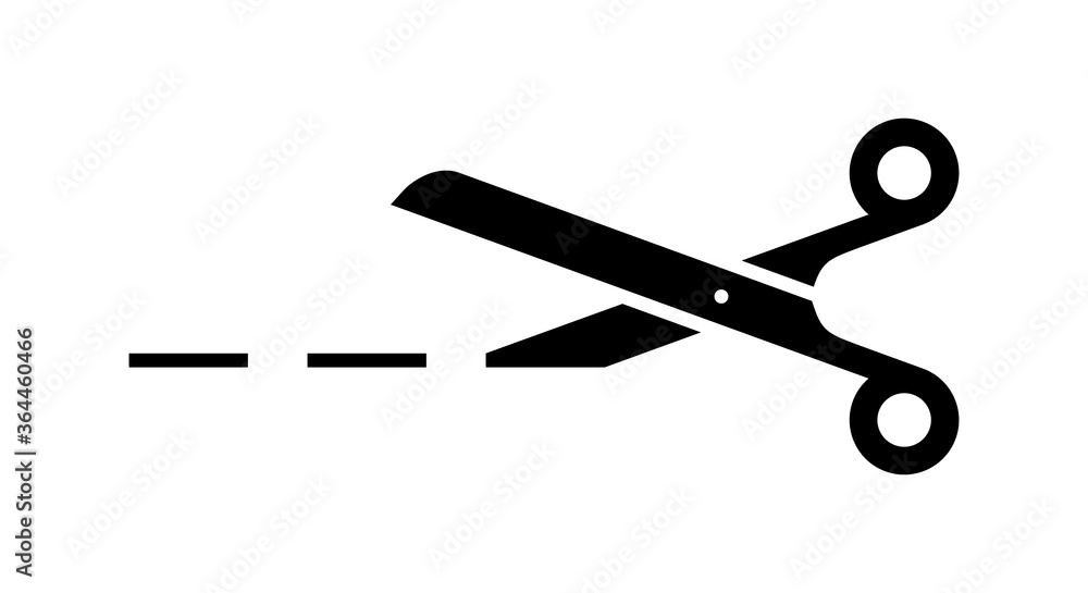 black icon of scissors with cutting line on white background