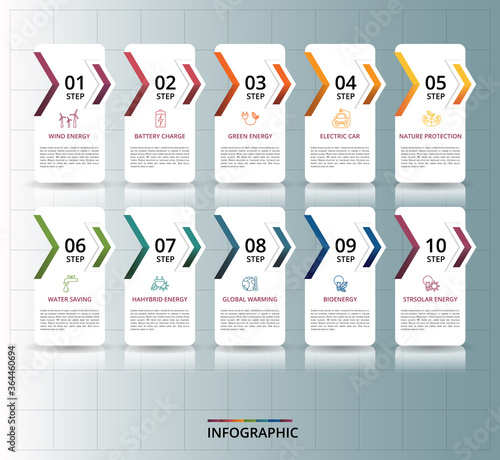Infographic Clean Energy template. Icons in different colors. Include Wind Energy, Battery Charge, Green Energy, Electric Car and others.