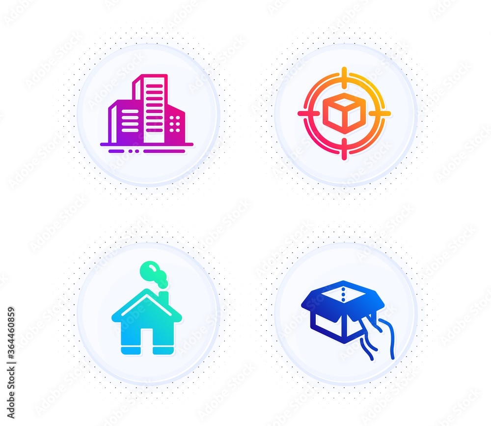 Home, Buildings and Parcel tracking icons simple set. Button with halftone dots. Hold box sign. House building, City architecture, Box in target. Delivery parcel. Industrial set. Vector