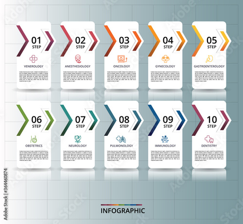 Infographic Medical template. Icons in different colors. Include Venerology, Anesthesiology, Oncology, Gynecology and others.