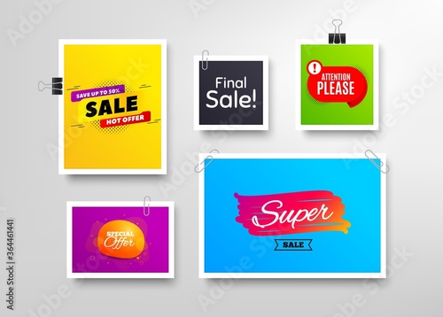 Super sale, 50% discounts and Special offer. Frames with promotional banners. Discount banner with speech bubble. Attention please badge. Photo frames and sale offers. Vector