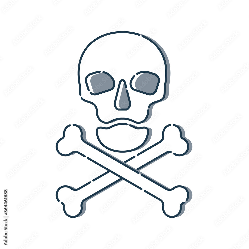 Human skull in full face and crossbones. Isolated illustration in flat style on white background. Poison sign and symbol for design. An image of danger to humans. Icon of hazard to life Human skull in full face and crossbones. Isolated illustration in flat style on white background. Poison sign and symbol for design. An image of danger to humans. Icon of hazard to life
