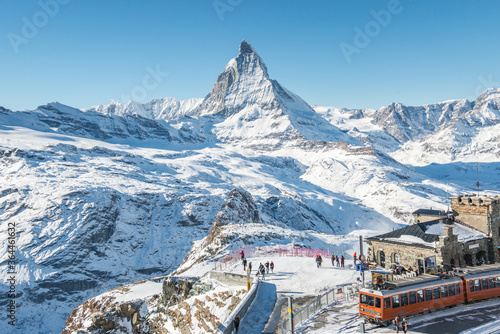 Switzerland Alps Matterhorn Snow Mountains at Gornergrat bahn train station, Zermatt, Switzerland