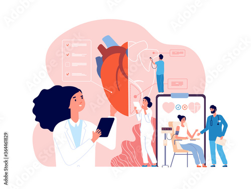 Cardiology. Health heart check up, cardiologists and cardiovascular pressure. Transplantation research, hypertensive disease vector concept. Medical health heart cardiovascular, diagnose illustration photo