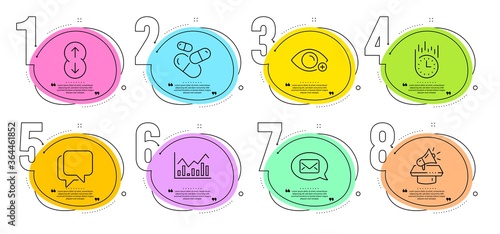 Capsule pill, Fast delivery and Megaphone signs. Timeline steps infographic. Infochart, Messenger and Talk bubble line icons set. Scroll down, Farsightedness symbols. Vector
