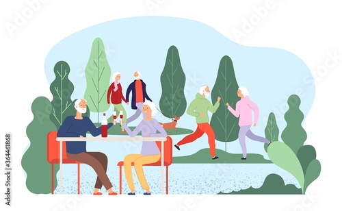 Seniors resting. Elderly vector illustration. Grandmother grandfather characters. Old couples drink wine, walk with dog. Grandfather and grandmother elderly senior, adult together love illustration
