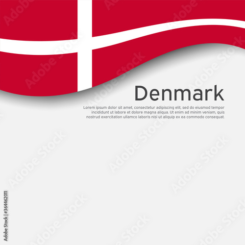 Flag of Denmark on a wavy white background. National poster design. State Danish patriotic banner, flyer. Business booklet. Paper cut style. Vector illustration