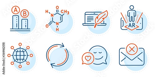 Full rotation, Augmented reality and Chemical formula signs. Ab testing, Dating and Reject mail line icons set. Copyright laptop, International globe symbols. Test chart, Love messenger. Vector