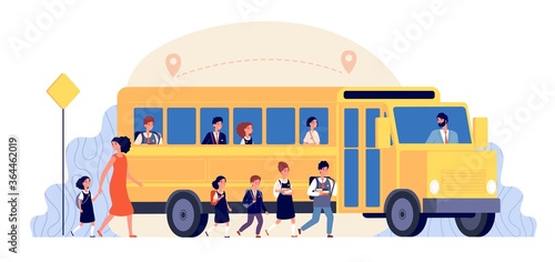 School bus. Pupils yellow transport. Children back to learning, road to college or university. Girls boys go to study vector concept. Bus school transportation, student child go to school illustration