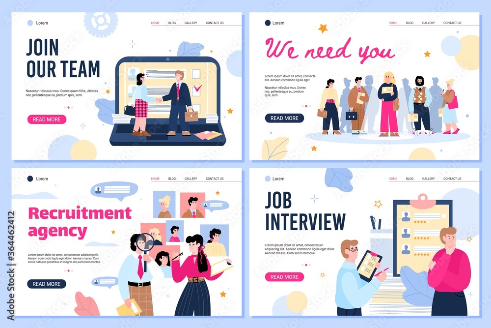Recruiting and we are hiring concept web banners set with cartoon people, flat vector illustration. HR agency landing pages collection with employers and job candidates.