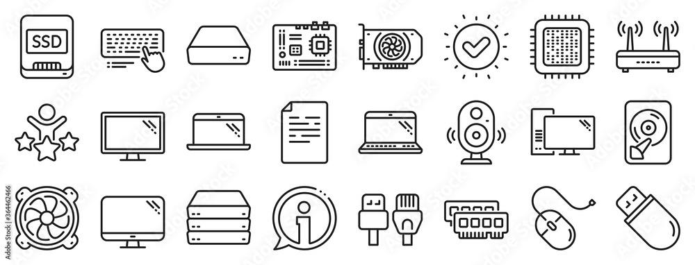 Fototapeta premium Motherboard, CPU, Internet cables icons. Computer components, Laptop, SSD line icons. Wifi router, computer monitor, Graphic card. Keyboard, SSD device. Internet cables, laptop components. Vector