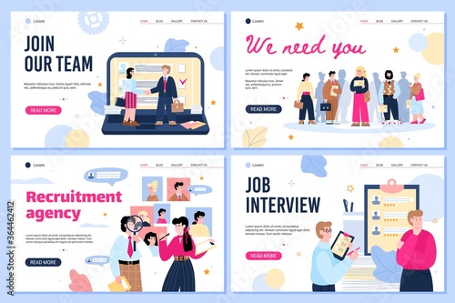 Recruiting and we are hiring concept web banners set with cartoon people, flat vector illustration. HR agency landing pages collection with employers and job candidates.