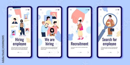The concept of recruitment and hiring of employee. Recruiting service, bounty hunters, building a career. A set of landing page designs for the mobile app. Flat vector illustration