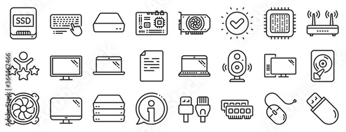 Motherboard, CPU, Internet cables icons. Computer components, Laptop, SSD line icons. Wifi router, computer monitor, Graphic card. Keyboard, SSD device. Internet cables, laptop components. Vector