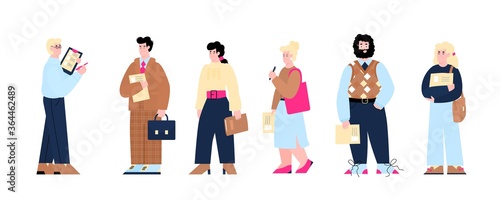 Concept CV interview and recruitment with HR manager hiring employees and job candidates standing in row, flat cartoon vector illustration isolated on white background.