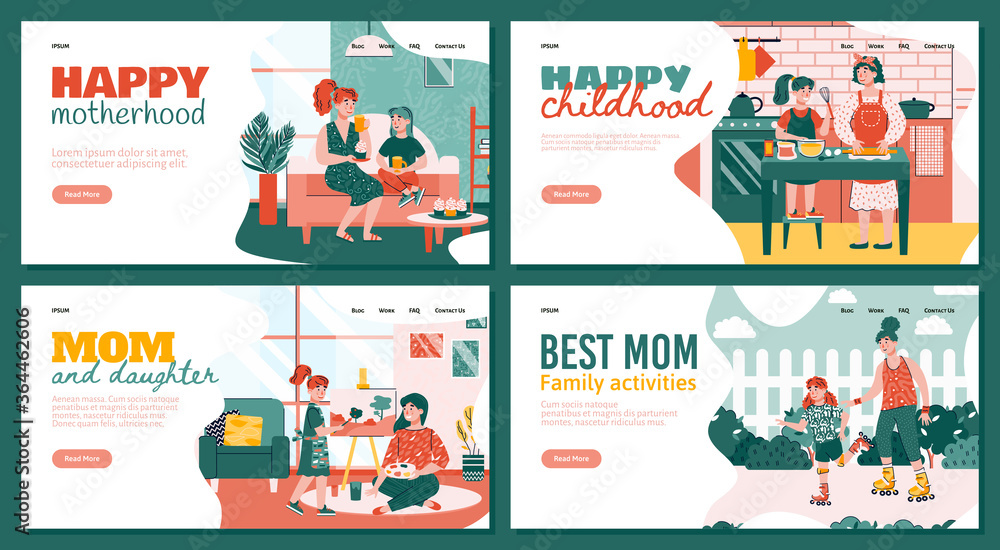 Happy family reunion and leisure of mother and daughter set of web homepage interfaces, flat vector illustration. Mom and baby together at home enjoying free time.
