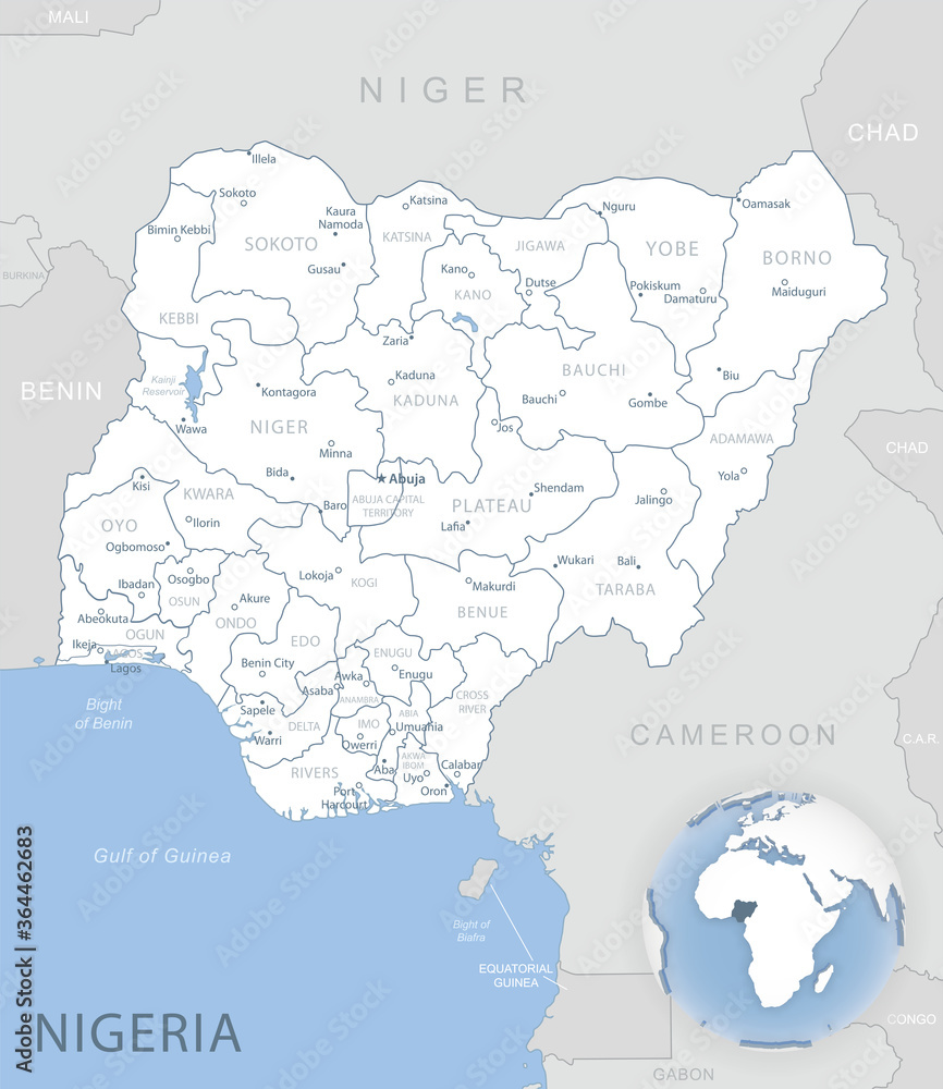 Blue-gray detailed map of Nigeria administrative divisions and location on the globe. Vector illustration