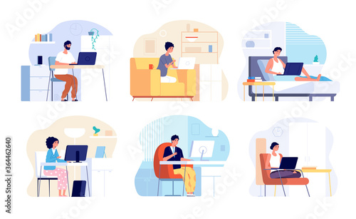 Home office. Work from house, woman man working. Isolation period or quarantine, people with computers interior vector set. Quarantine workplace at home, communication and freelance illustration