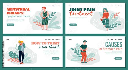 Set of homepages for medical site depicting various people body pain, cartoon vector illustration. Healthcare banners explaining symptoms, causes and treatment of pain.