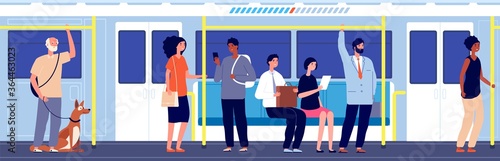 People in public transport. Subway train travel, crowd in urban metro. Overcrowded carriage, modern city transportation vector illustration. Public transport underground metro